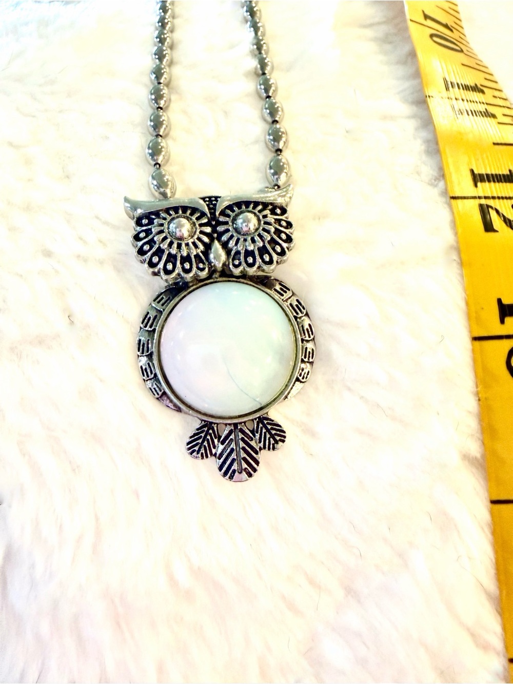 Silver-Tone Owl Pendant Necklace with White Opalescent Stone